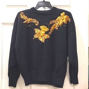VTG Naomi Bee ramie batwing sweater with applique, beading, shoulderpads Size 40